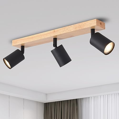 ANWIO Faretti da Soffitto Orientabili,Faretti da Muro,Lampadario con 3 Lampadine LED GU10,Applique da Parete,Base di Legno,Plafoniera Adatta (Lampadine Escluse) EUS-EA190812-10-03RB-1U