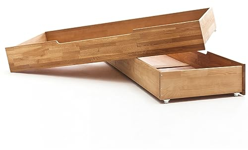 Lomadox Schlafzimmer Massivholz Schubkasten Schubkasteneinsatz Schubkästen Bettschubkasten 2er Set für 140 cm Bett in Wildeiche massiv, B/H/T: ca. 62/23/166 cm