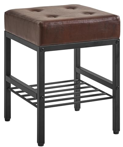 IBUYKE Square 16.34 inches Stool with Adjustable Feet and Storage Space, Footrest Chair,Multi-Use as Small Side Table or Ottoman, for Bedroom, Dark Brown LG-60Z