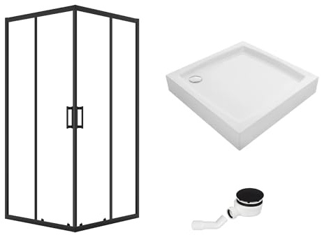VBChome Duschkabine mit Duschwanne Quadrat Set 80x80x185 cm Schwarz Duschtasse Siphon Eckeinstieg Duschwand Schiebetür Duschabtrennung Klares Sicherheitsglas Duschtrennwand Quadrat 80x80 cm Schwarz