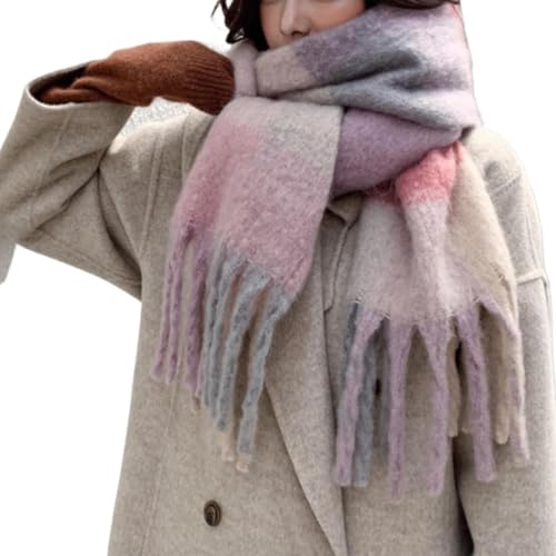 YCBMINGCAN Écharpe tissée en tricot pour femme avec motif à carreaux colorés et longues franges épaisses, écharpe chaude d'hiver bleue pour femme, PK2, taille unique