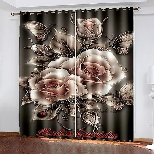 Bedroom Blackout Curtains, Gray Pink Rose Heat Insulation Blackout Children'S Curtains,3D Lackout Curtains, Suitable For Living Room Bedroom Childre