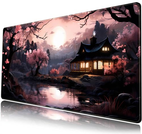 Japanische Sakura Blooms Schreibtischunterlage, Japanisches Mauspad, groß, niedlich, schwarz, rosa, ästhetisch, Schreibtischunterlage, Gaming-Mauspad, erweiterte XXL-Tastaturmatte,