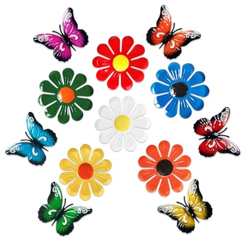 Tsilin 12 Pcs Garden Decor Including 6 Pcs Metal Flowers Sunflower 6 Pcs Metal Butterflies Wall Art Decor Daisy Hanging Ornament for Outdoor Backyard Fence Decor Indoor Living Room