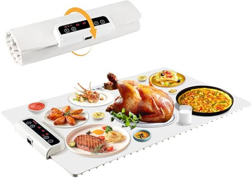 Food Warming Mat-Foldable Electric Warming Mat for Food Sillicon Food Warmer with Adjustable Temperature Control Time Moders Locking Function Warming Tray for Buffet,Party White