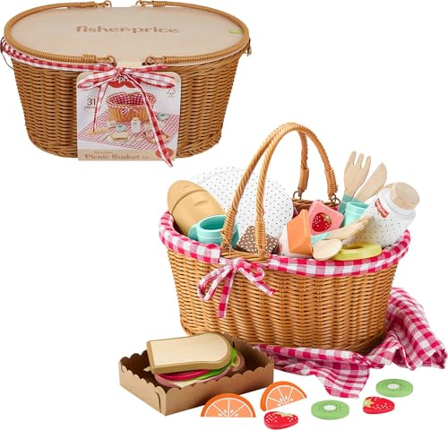 Fisher-Price Wood Pretend Play Toy Picnic Basket, 31-Piece Wooden Food Playset for Preschool Kids Ages 3+ Years