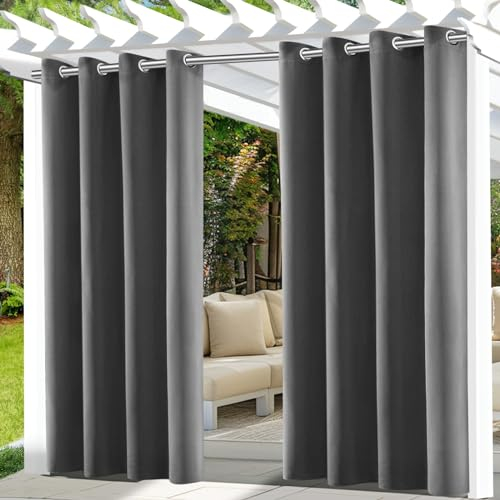 UFYTT Outdoor Vorhang Wetterfest mit Ösen Oben Outdoorvorhänge Wasserfest,Blickdicht Gardinen Sichtschutz,Sonnenschutz Outdoor Gardine,für Terrasse, Pavillons und Balkone,132x215cm,Grau