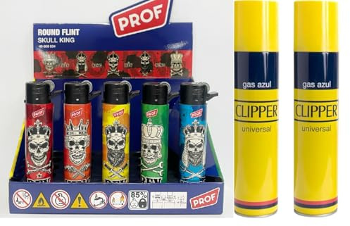 Pack 25 Uds. Mechero Encendedor Redondo Recargable con Piedra recambiable + Pack DE 2 Clipper Gas ISOBUTANO 300 ML para MECHEROS Exclusivo de DISPAU (Red DWARVES-25)
