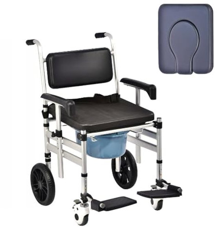 Klappbarer Duschstuhl aus Aluminium mit Rädern, Toilettenstuhl mit Rädern für Toilette mit Armlehnen, verstellbarer Nachttisch, wasserdichter Duschstuhl mit Rollen für behinderte ältere Erwachsene, 1