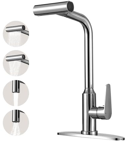 Küchenarmatur mit herausziehbarem Sprüher, Chrom, Wasserfall-Touch, Einloch-Edelstahl-Küchenspüle, kommerzielle moderne Einhandarmaturen für Küchenspülen mit herausziehbarem Sprühgerät