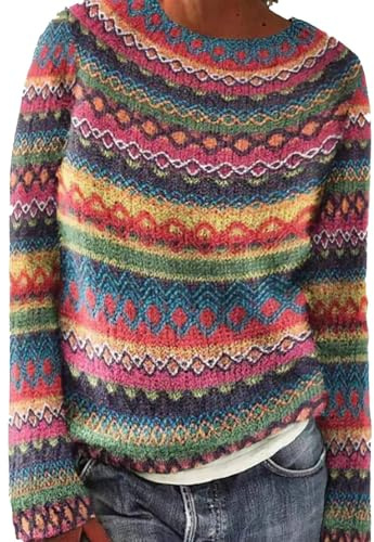 Shffuw Norweger Pullover Damen Kaschmir Winterpullover Elegant Bunt Cashmere Strickpullover Wollpullover Rundhals, Langarm, GroßE GrößEn Bequem Weich Knit Sweater, Warm Herbst Winter Outfit Jumper
