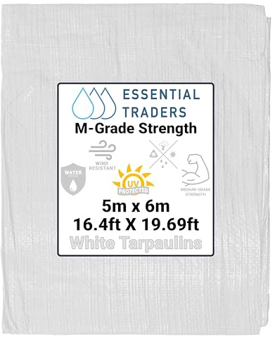100gsm Pure White Heavy-Duty Tarpaulin - UV Protected, Bright Waterproof Tarp for Outdoor Use, Camping Groundsheet, Garden Furniture Cover, Tool Shelter, and Weatherproof Protection (5m x 6m)