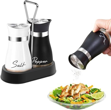 Salt and Pepper Shakers Set with Holder, 2Pcs Spice Shaker Salt and Pepper Pots with Clear Glass Bottom, Refillable Spice Dispenser Kitchen Accessories for Cooking Camping BBQ Restaurant