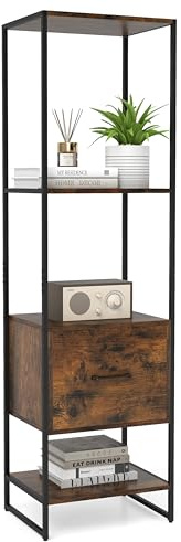COSTWAY 5-Tier Bookshelf, Tall Narrow Bookcase Shelving Storage Organizer with Drawer, Shelves and Dual Anti-Tipping Kits, Freestanding Metal Frame Display Rack (Rustic Brown + Black)
