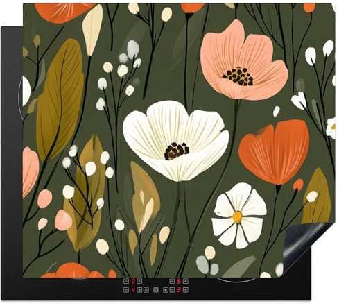 KitchenYeah© Herdabdeckplatte Einteilig Küche Ceranfeld Abdeckplatte | 60x52 cm - Cerankochfeld Abdeckung Induktionskochfeld Schutzmatte Blumen - Illustration - Grün