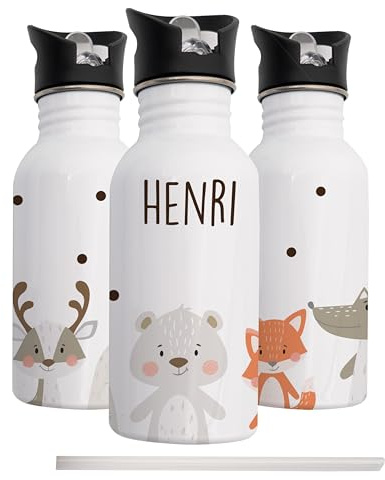 Kidsmood - Gourde personnalisée pour enfants, en acier inoxydable, 500 ml, anti-fuite, avec paille, passe au lave-vaisselle, pour l'école et la maternelle ou comme cadeau de rentrée des classes pour