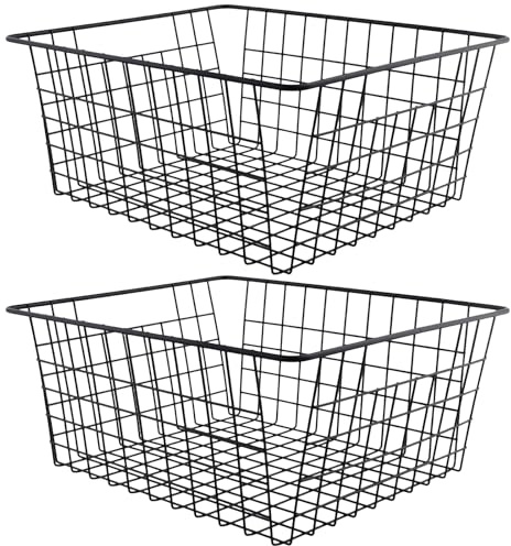 MUNGHOK 2 cestas de alambre de metal, color negro, 36 x 29 x 16 cm, cesta de hierro negro, cesta de almacenamiento de metal, cestas de almacenamiento de alambre para oficina, cocina, baño, armarios