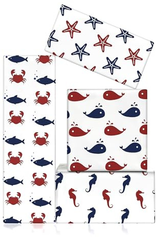 Sea Ocean Geschenkpapier, Seefisch, Seestern, Seepferdchen, Krabbe, Wal, Geschenkpapier, 51 x 74 cm, 8 gefaltete flache Blätter, Geschenkpapier für Geburtstag, Urlaub, Party