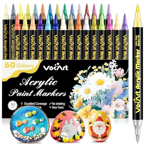 VOKART 60 Colors Acrylic Paint Markers - 30 Dual Brush Tip Paint Pens Including 2 Metallic Colors for Rock, Canvas, Fabric, Wood, Glass, Ceramic - Art Supplies for Artists, Kids, DIY & Holiday Decor