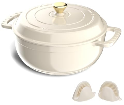 ROVSUN Enameled Cast Iron Round Dutch Oven, 6QT Pot with Lid &Dual Handles with Silicone Gloves, Oven Safe up to 260°C, Heavy-Duty Pre-Seasoned Cookware for Bread Baking, White
