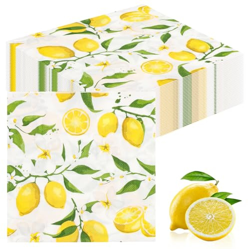 100 Stück Zitronen Servietten Papier,Servietten Zitronenmotiv,Gelbe Zitrusfrüchte,Einweg Napkins 33 * 33cm Perfekt für Geburtstage,Partys,Frühling,Hochzeiten,Tischdekoration,Kommunion und Feiern