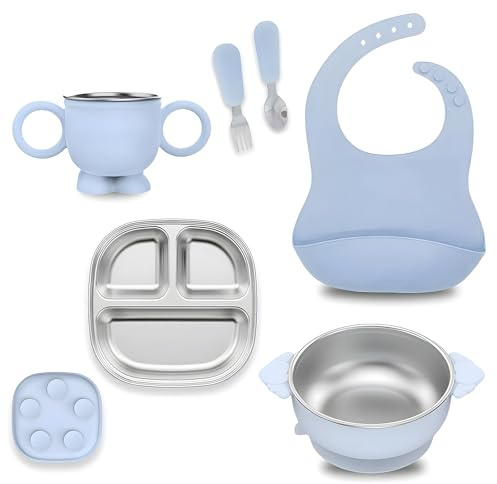 6 Stück Baby Geschirrset - Baby Teller, Edelstahl Breischale, Trinklernbecher Edelstahl, Lätzchen, Löffel und Gabel, kinder Geschirrset ab 6 Monate, mit Saugnapf, Auslaufsicher, Spülmaschinenfest