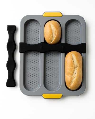 Baguette Bread Pan Food-Grade Perforated Silicone - Nonstick Loaf Mold with 2 Dividers, 3 Cavity Baking Tray for Homemade French Bread, Hoagie Roll, Sub, Sandwich Bun, Hotdog, Oven Dishwasher Safe