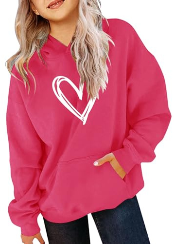 Mjjsk Flickor huvtröjor hjärtan grafisk överdimensionerade tröjor barn mjuk bekväm långärmad tröja med huva barn snygg pullover topp, Z1-1-het rosa, 7-8 Years