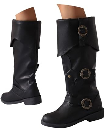 Damen-Stiefel, Piraten-Stiefel, mittelalterlich, Renaissance, mittelhoch, wadenhoch, spitzer Zehenbereich, modisch, lässig, niedriger Absatz, Gothic-Stiefeletten, bequeme Outdoor-Schuhe für Herbst und