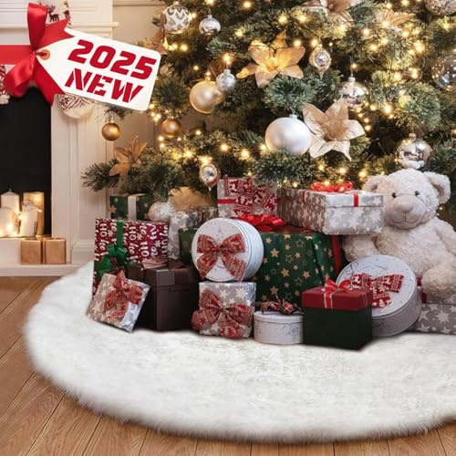 36 Inch Luxury Velvet Christmas Tree Skirt, White Plush Faux Fur Tree Mat Base Cover, Ultra Soft & Machine Washable Round Xmas Tree Blanket for Holiday Home Christmas Decor