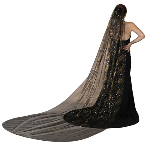 FakeFace Lange Schwarz Tüll Schleier 3 Meter Pailletten Glitzer für Hochzeiten, Fotografie und Halloween Kostüme, Gothic Haarschmuck Brautschleier Witwenschleier Hexenkostüm für Frauen