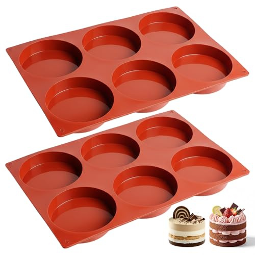 Xqzbmt 2 Pcs Silicone Baking Trays, 4 Inches Cake Moulds 6-Cavity Large Round Silicone Muffin Trays, Non Stick Cupcake Tray for Mousse Cake, Pie, Jelly, Pudding Home Kitchen & Bakery
