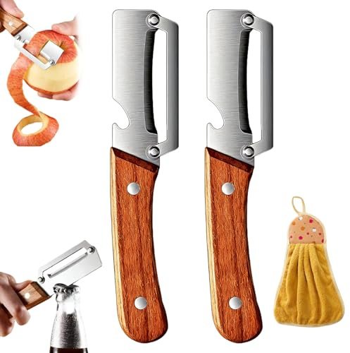 Multi-Functional Vegetable Peeler for Kitchen, Ultra Sharp Stainless Steel Potato Peeler with Wooden Handle, 2 in 1 Fruit Peeler Knife and Bottle Opener, Easy Peelers for Carrot Apple (2Pcs)