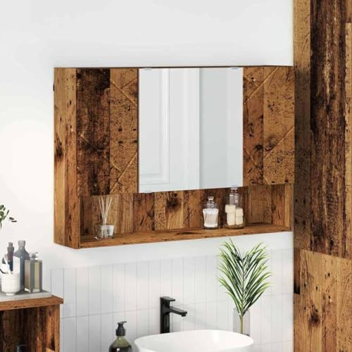 GeenYuu Armadietto a specchio con anta in legno anticato, 80 x 17 x 55 cm, mobile da bagno, lavandino con spazio e mensola per lavandino per gli ospiti
