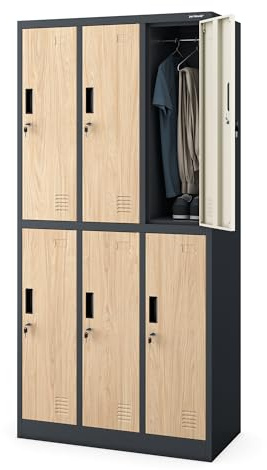 Jan Nowak Umkleideschrank Metall, Spindschrank mit 6 Fächern, abschließbar | Personalschrank mit 6 abschließbaren Abteilen, Kleiderstangen, Lüftung, Namensschildhaltern, Wandmontage, 185 x 90 x 45 cm