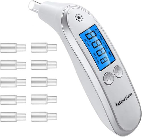 Medidor de Cetonas en el Aliento con LCD PPM de 4 Colores y 10 Boquillas | Comprobador portátil de Ateacetona con función de memoria, pantalla START, dos botones y boquillas reemplazables.