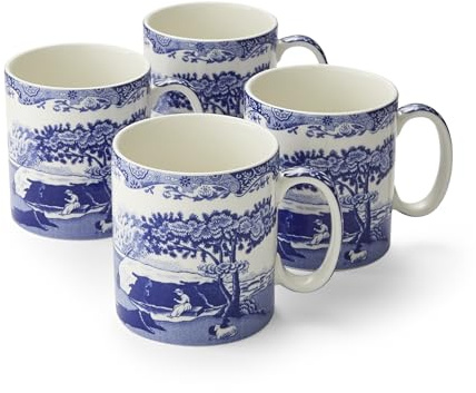 Spode Blue Italian Mug, Set of 4 (Blue, White,4 Count (Pack of 1)) | Small Porcelain Coffee Mugs with Scenic Design, Tea & Espresso Cups for Everyday Dining, Microwave & Dishwasher Safe