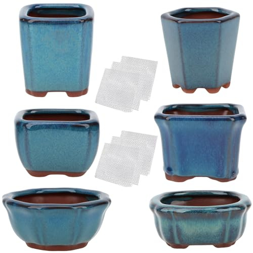 happy bonsai 6 pc Mini Glazed Pots Value Set + 6 Soft Mesh Drainage Screens