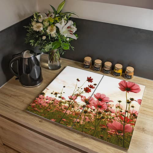 banjado Ceranfeld Abdeckung Glas 2-teilig 60x52 cm, Herdabdeckplatten und Schneidebrett Küche aus gehärtetem Glas, dekorativer Küchen Spritzschutz Blumen & Pflanzen mit Motiv Schmuckkörbchen