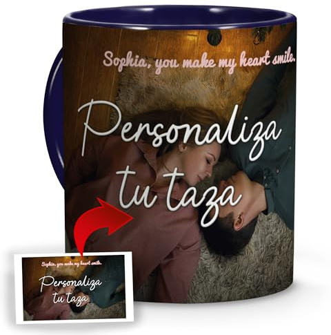 Taza Personalizada con Foto y Texto. Productos Personalizados para Regalar. Regalos Únicos para Chicas Jóvenes. Tazas de Café con Imagen y Frase. Idea de Regalo Diferente. Interior y Asa Azul Oscuro