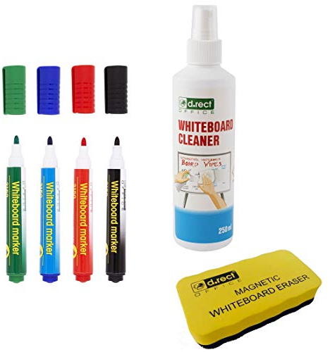 D.RECT Whiteboard Reiniger Set 4in1 - Whiteboard Reiniger Zubehör Set - 250ml Reinigungsflüssigkeit für Weißwandtafel - Whiteboard Marker Schwamm, Cleaner, Spray, Stifte