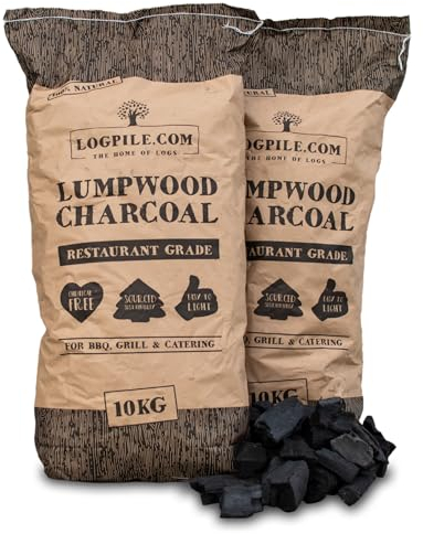 Logpile - Lumpwood Charcoal for BBQs (2x10kg) | Quick-Light, Premium Restaurant Grade Smokeless BBQ Charcoal for Barbecues, Smoker, Pizza Oven, Firepits | Big Chunks for Long-Burning Fuel | 70L Bags