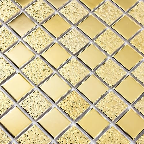 Hominter Goldene Mosaik-Keramikfliese, quadratisch, Porzellan, glänzend, strukturiertes Design für Backsplash in Küche und Bad, Duschboden- und Wandfliesen, Akzentwände (1,5 m²)