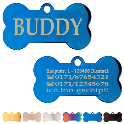 Ibera gifts - Hundemarke mit Gravur und personalisierte Hundemarke in Knochenform für mittelgroße bis große Haustiere (Blau)