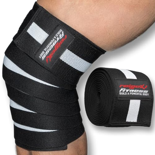 Kniebandagen zum Wickeln Medium [2er Set] (+ Trainingspläne) V2 verbesserte Version, elastische Knee Wraps mit Klettverschluss - für Bodybuilding, Kraftsport, für Frauen & Männer