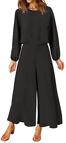 ROYLAMP Women's 2 Piece Outfits Long Sleeve Round Neck Crop Top Cropped Wide Leg Pants Set Jumpsuits Black XL