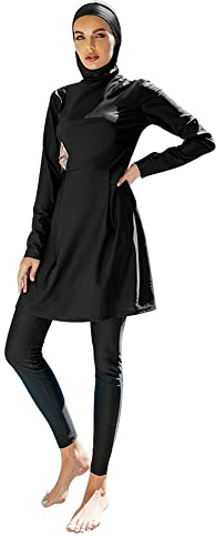 Burkini Damen Muslim Muslimische Badeanzug Frauen Langarm UV Schutzkleidung Badeshirt Lang Tops+Schwimmhose+Badekappe Hijab 3tlg Islamisch Schwimmanzug Jilbab Ganzkörper Modest Bademode 10#Schwarz XL