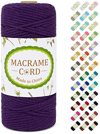 Makramee Garn 3mm x 100m, LEREATI Macrame Cord 3mm Baumwollgarn Baumwollschnur Baumwollkordel Baumwollseil, Makramee-Garn Geflochten für DIY Basteln Wandbehang Hängepflanze Vorhang (Dunkellila)