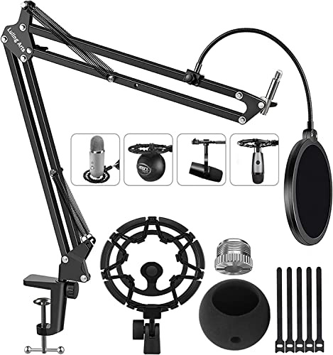Microphone Stand for Blue Snowball, Boom Arm Scissor Mic Stand with Shock Mount, Windscreen and Double layered Pop Filter, Heavy Duty Mic Boom Arm Stand, Broadcasting (SNOWBALL ARM WITH SHOCK MOUNT)