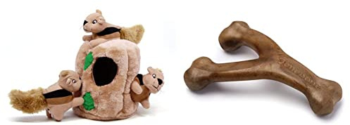 Outward Hound Hide A Squirrel Plush Dog Toy Puzzle (Large) and Benebone Wishbone Durable Dog Chew Toy (Medium)